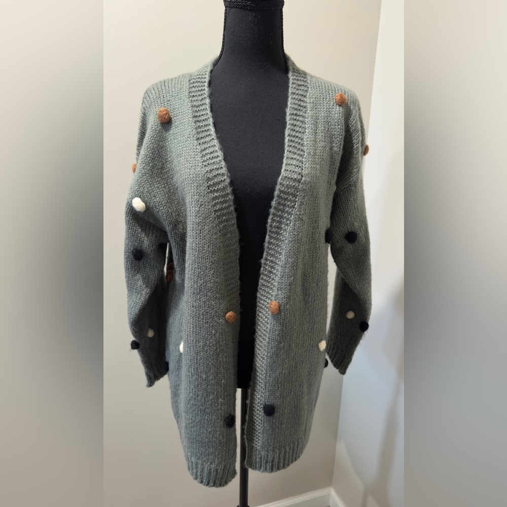 BiBi Green Cardigan with Colorful Pom-Pom's Cottagecore boutique style Small